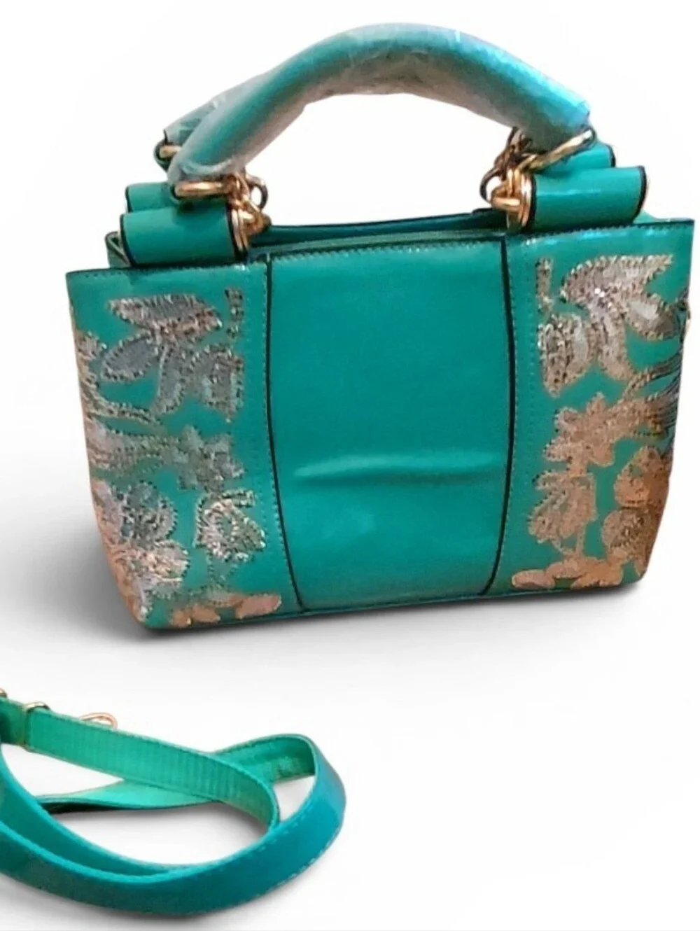 Teal Neptune Green Gold Patent Leather Look Bling Handbag Embroidery Shiny Purse